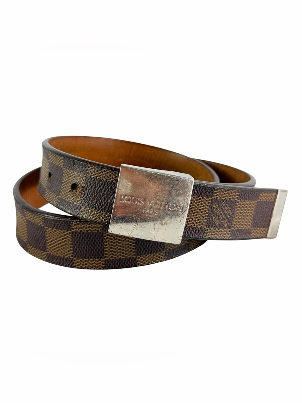 LOUIS VUITTON Damier Ebene Suntulle Belt Iconic Canvas Silver Hardware 75/30